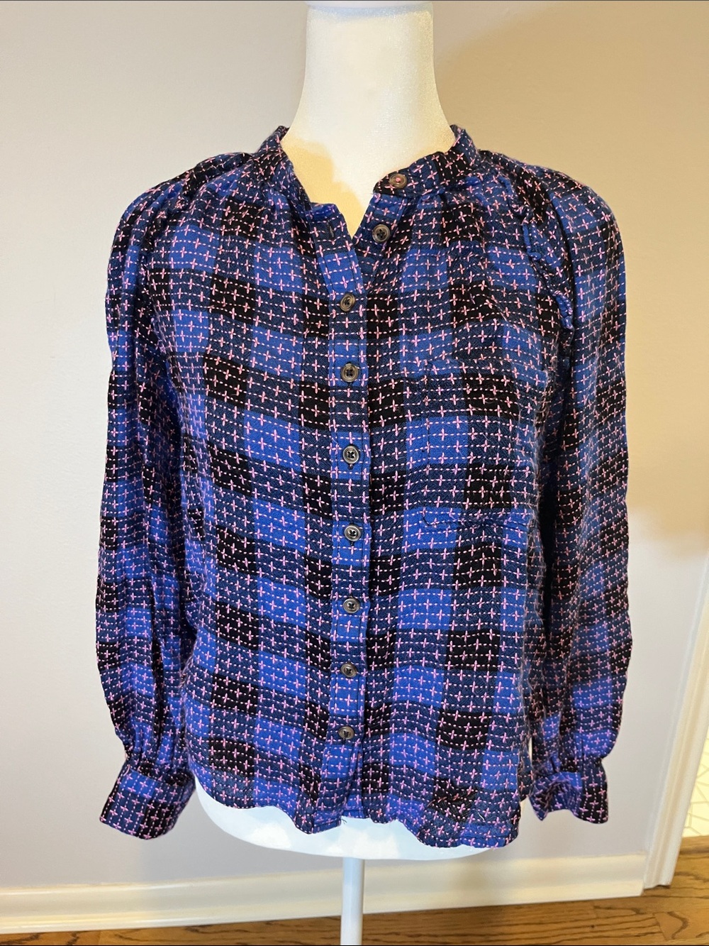 Anthropologie Pilcro Embroidered plaid Button Up M Cottagecore Dark Academia